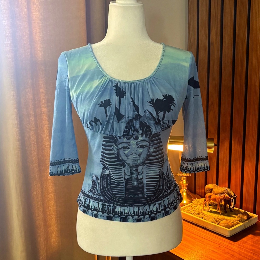 JORYA Blue Egyptian Pharaoh Graphic Mesh Top Beaded Scoop Neck 3/4 Sleeve